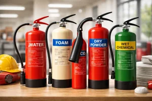 Safety equipment array on wooden surface