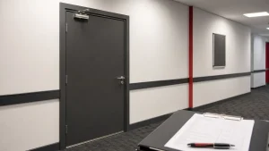 Correctly proportioned commercial fire door and inspection paperwork